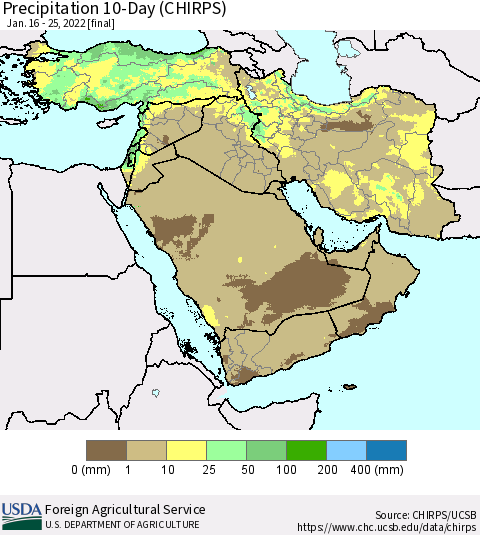 Middle East and Turkey Precipitation 10-Day (CHIRPS) Thematic Map For 1/16/2022 - 1/25/2022