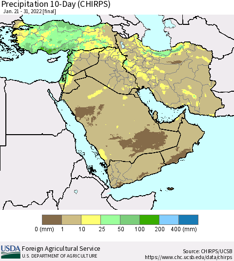 Middle East and Turkey Precipitation 10-Day (CHIRPS) Thematic Map For 1/21/2022 - 1/31/2022
