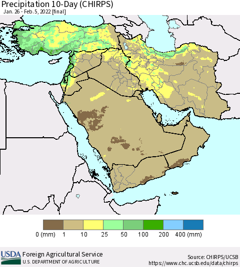 Middle East and Turkey Precipitation 10-Day (CHIRPS) Thematic Map For 1/26/2022 - 2/5/2022