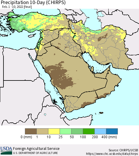Middle East and Turkey Precipitation 10-Day (CHIRPS) Thematic Map For 2/1/2022 - 2/10/2022