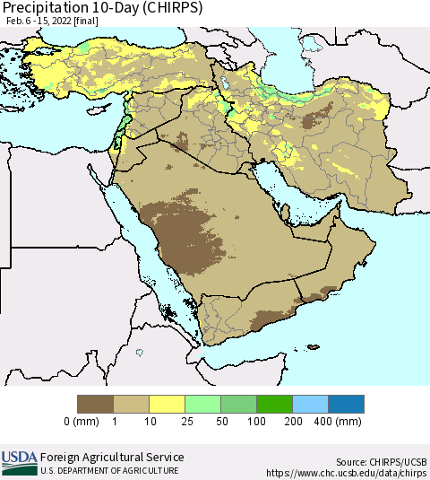 Middle East and Turkey Precipitation 10-Day (CHIRPS) Thematic Map For 2/6/2022 - 2/15/2022