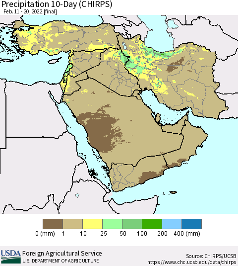 Middle East and Turkey Precipitation 10-Day (CHIRPS) Thematic Map For 2/11/2022 - 2/20/2022