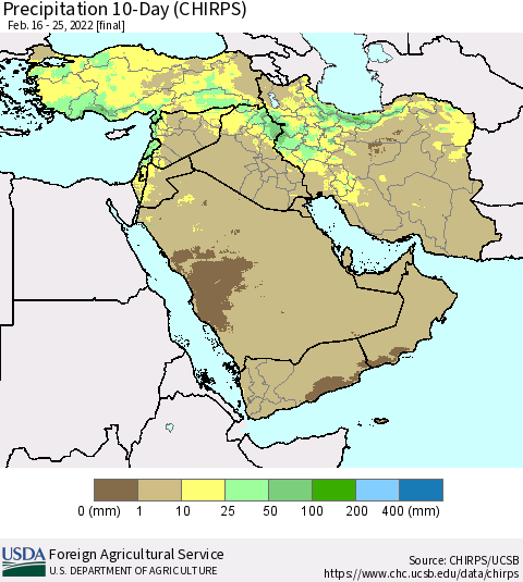 Middle East and Turkey Precipitation 10-Day (CHIRPS) Thematic Map For 2/16/2022 - 2/25/2022