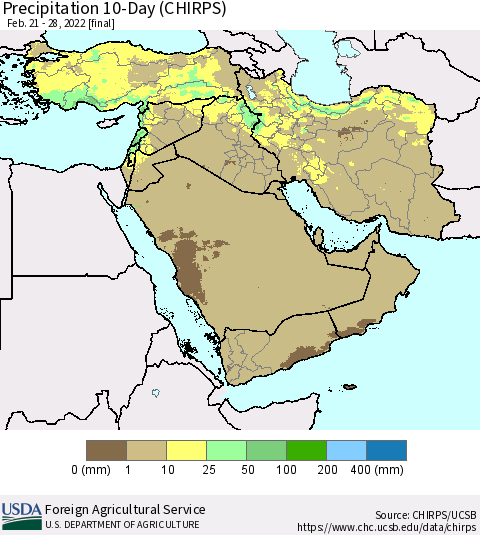 Middle East and Turkey Precipitation 10-Day (CHIRPS) Thematic Map For 2/21/2022 - 2/28/2022