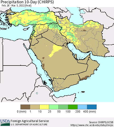 Middle East and Turkey Precipitation 10-Day (CHIRPS) Thematic Map For 2/26/2022 - 3/5/2022