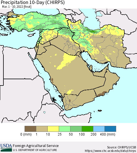 Middle East and Turkey Precipitation 10-Day (CHIRPS) Thematic Map For 3/1/2022 - 3/10/2022