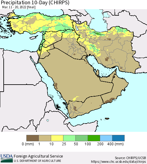 Middle East and Turkey Precipitation 10-Day (CHIRPS) Thematic Map For 3/11/2022 - 3/20/2022