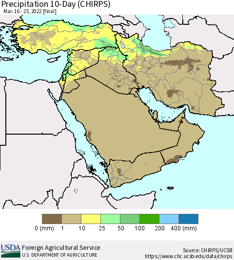 Middle East and Turkey Precipitation 10-Day (CHIRPS) Thematic Map For 3/16/2022 - 3/25/2022