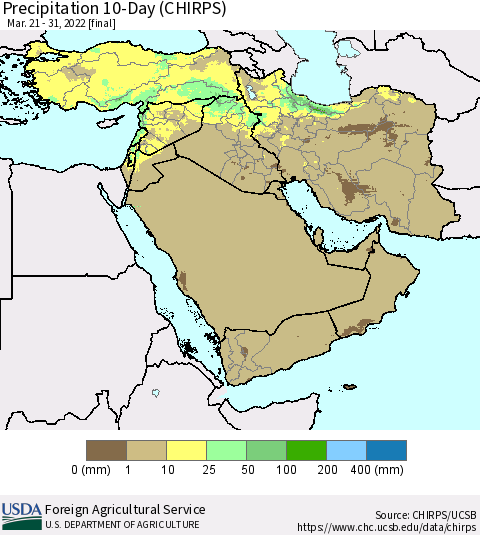 Middle East and Turkey Precipitation 10-Day (CHIRPS) Thematic Map For 3/21/2022 - 3/31/2022