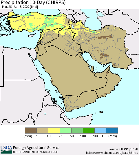 Middle East and Turkey Precipitation 10-Day (CHIRPS) Thematic Map For 3/26/2022 - 4/5/2022
