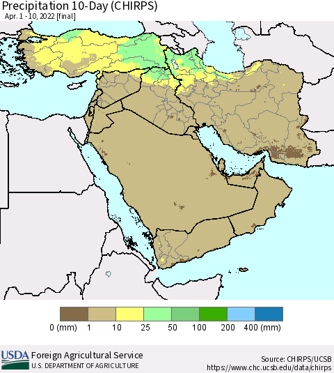 Middle East and Turkey Precipitation 10-Day (CHIRPS) Thematic Map For 4/1/2022 - 4/10/2022