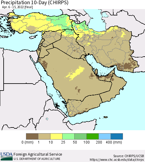 Middle East and Turkey Precipitation 10-Day (CHIRPS) Thematic Map For 4/6/2022 - 4/15/2022