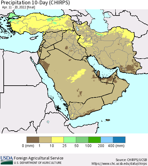 Middle East and Turkey Precipitation 10-Day (CHIRPS) Thematic Map For 4/11/2022 - 4/20/2022
