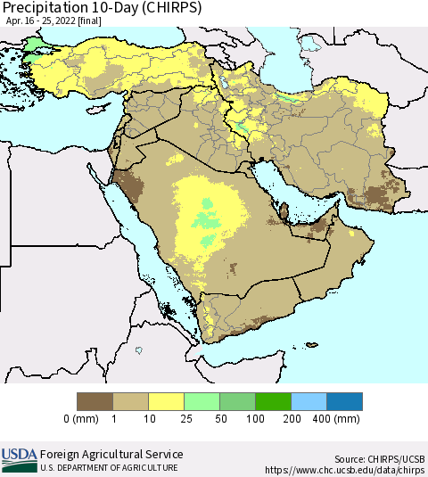 Middle East and Turkey Precipitation 10-Day (CHIRPS) Thematic Map For 4/16/2022 - 4/25/2022