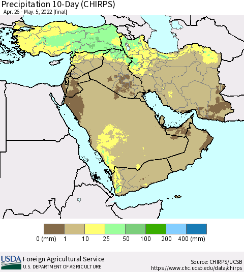 Middle East and Turkey Precipitation 10-Day (CHIRPS) Thematic Map For 4/26/2022 - 5/5/2022