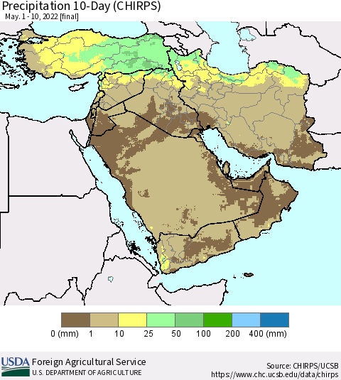 Middle East and Turkey Precipitation 10-Day (CHIRPS) Thematic Map For 5/1/2022 - 5/10/2022