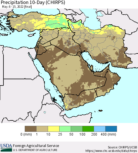 Middle East and Turkey Precipitation 10-Day (CHIRPS) Thematic Map For 5/6/2022 - 5/15/2022