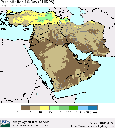 Middle East and Turkey Precipitation 10-Day (CHIRPS) Thematic Map For 5/11/2022 - 5/20/2022
