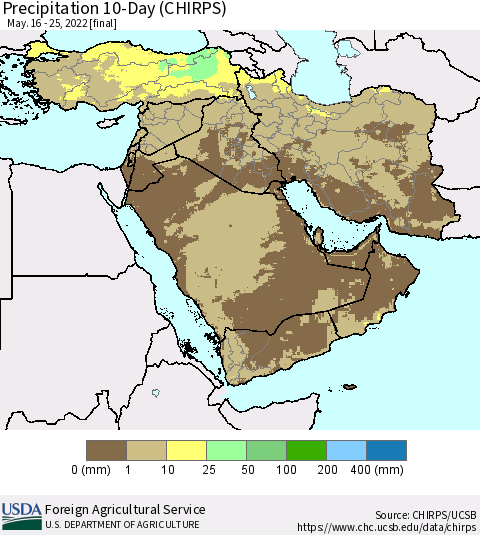 Middle East and Turkey Precipitation 10-Day (CHIRPS) Thematic Map For 5/16/2022 - 5/25/2022