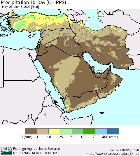 Middle East and Turkey Precipitation 10-Day (CHIRPS) Thematic Map For 5/26/2022 - 6/5/2022