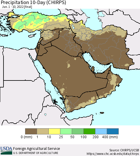 Middle East and Turkey Precipitation 10-Day (CHIRPS) Thematic Map For 6/1/2022 - 6/10/2022