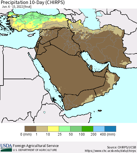 Middle East and Turkey Precipitation 10-Day (CHIRPS) Thematic Map For 6/6/2022 - 6/15/2022