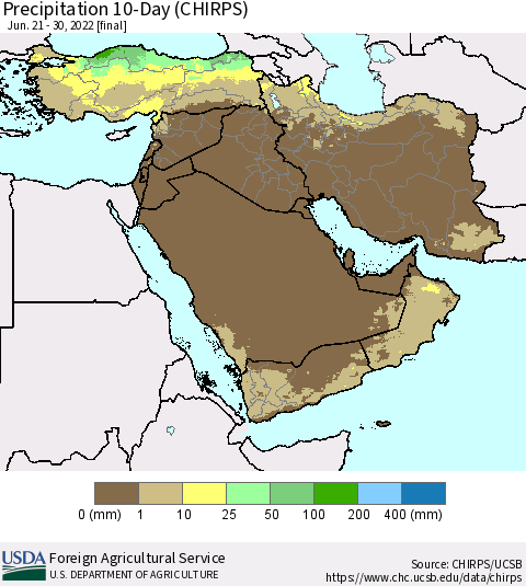 Middle East and Turkey Precipitation 10-Day (CHIRPS) Thematic Map For 6/21/2022 - 6/30/2022