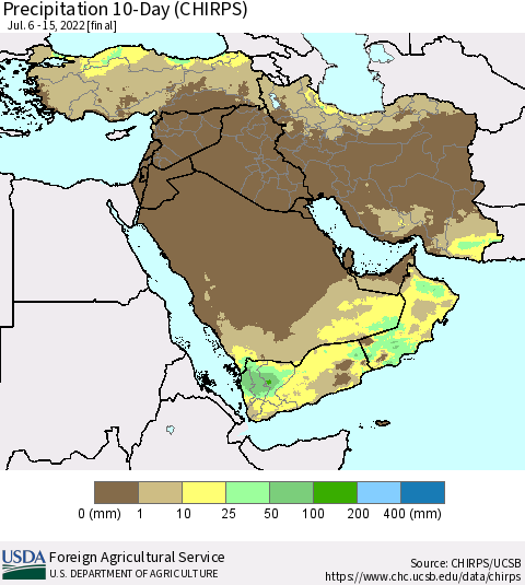 Middle East and Turkey Precipitation 10-Day (CHIRPS) Thematic Map For 7/6/2022 - 7/15/2022