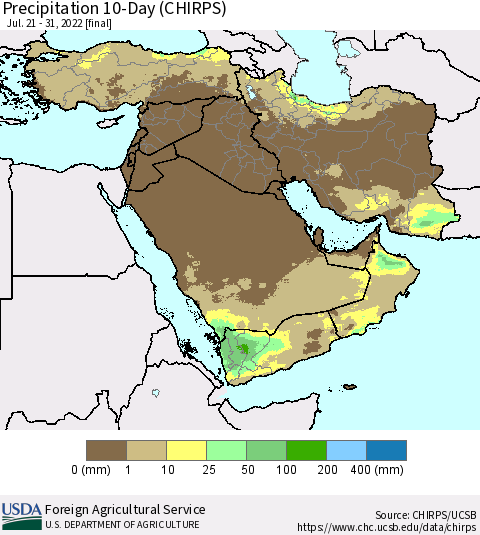 Middle East and Turkey Precipitation 10-Day (CHIRPS) Thematic Map For 7/21/2022 - 7/31/2022