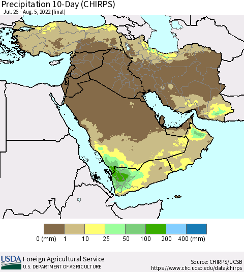 Middle East and Turkey Precipitation 10-Day (CHIRPS) Thematic Map For 7/26/2022 - 8/5/2022