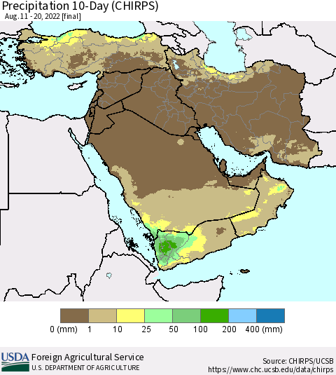 Middle East and Turkey Precipitation 10-Day (CHIRPS) Thematic Map For 8/11/2022 - 8/20/2022