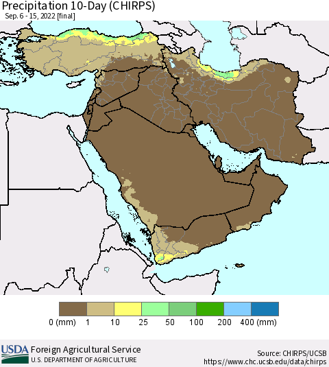 Middle East and Turkey Precipitation 10-Day (CHIRPS) Thematic Map For 9/6/2022 - 9/15/2022