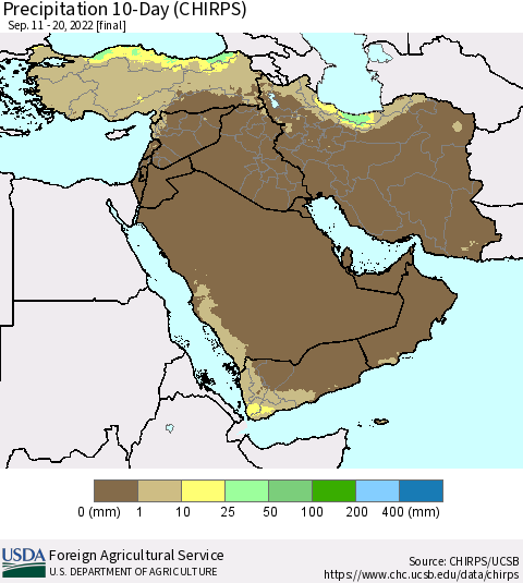Middle East and Turkey Precipitation 10-Day (CHIRPS) Thematic Map For 9/11/2022 - 9/20/2022
