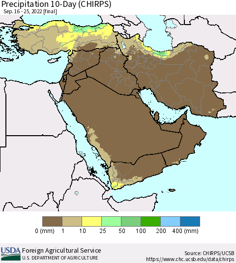 Middle East and Turkey Precipitation 10-Day (CHIRPS) Thematic Map For 9/16/2022 - 9/25/2022