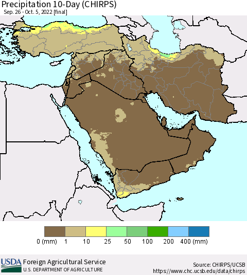 Middle East and Turkey Precipitation 10-Day (CHIRPS) Thematic Map For 9/26/2022 - 10/5/2022
