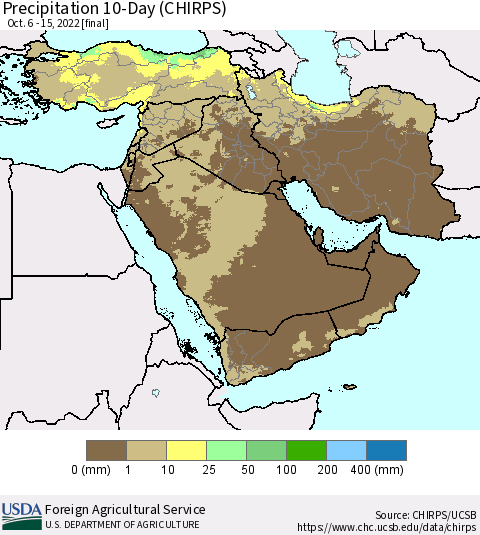 Middle East and Turkey Precipitation 10-Day (CHIRPS) Thematic Map For 10/6/2022 - 10/15/2022