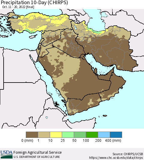Middle East and Turkey Precipitation 10-Day (CHIRPS) Thematic Map For 10/11/2022 - 10/20/2022