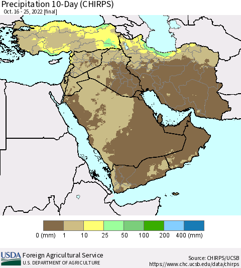 Middle East and Turkey Precipitation 10-Day (CHIRPS) Thematic Map For 10/16/2022 - 10/25/2022