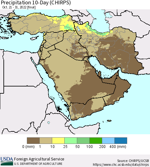 Middle East and Turkey Precipitation 10-Day (CHIRPS) Thematic Map For 10/21/2022 - 10/31/2022