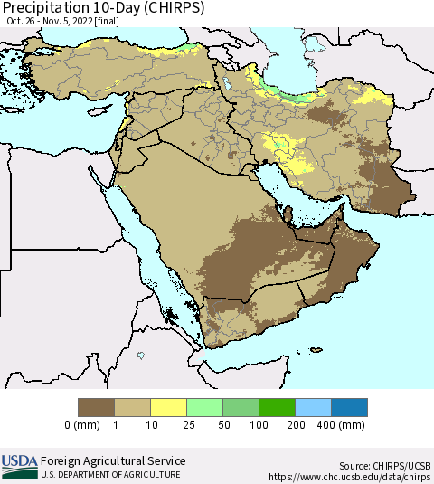 Middle East and Turkey Precipitation 10-Day (CHIRPS) Thematic Map For 10/26/2022 - 11/5/2022