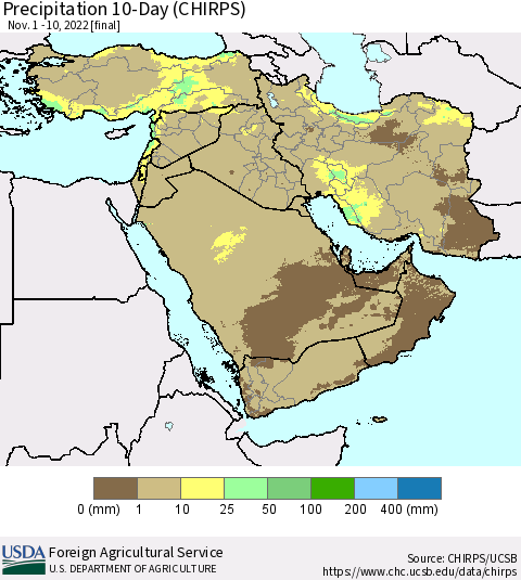 Middle East and Turkey Precipitation 10-Day (CHIRPS) Thematic Map For 11/1/2022 - 11/10/2022