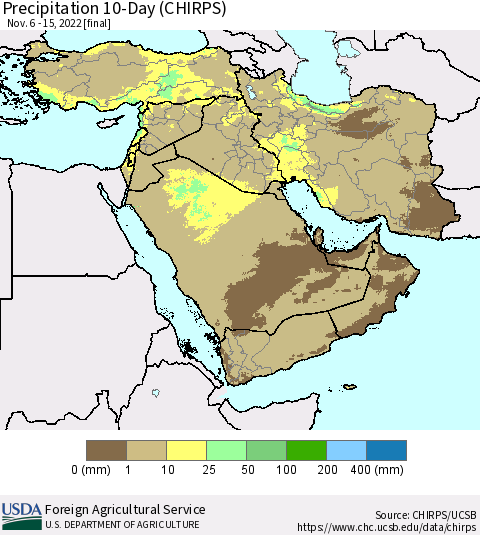 Middle East and Turkey Precipitation 10-Day (CHIRPS) Thematic Map For 11/6/2022 - 11/15/2022