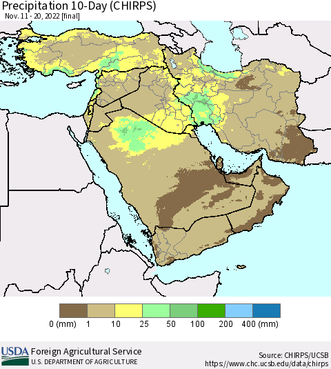 Middle East and Turkey Precipitation 10-Day (CHIRPS) Thematic Map For 11/11/2022 - 11/20/2022