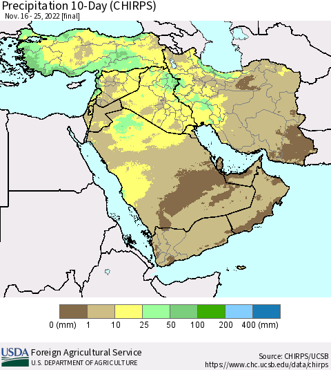 Middle East and Turkey Precipitation 10-Day (CHIRPS) Thematic Map For 11/16/2022 - 11/25/2022