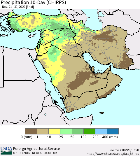 Middle East and Turkey Precipitation 10-Day (CHIRPS) Thematic Map For 11/21/2022 - 11/30/2022