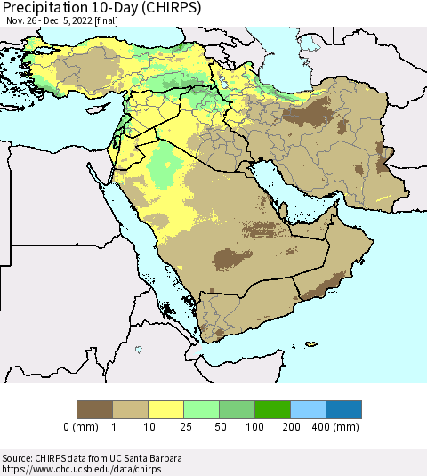 Middle East and Turkey Precipitation 10-Day (CHIRPS) Thematic Map For 11/26/2022 - 12/5/2022