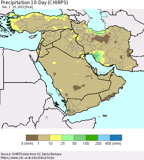 Middle East and Turkey Precipitation 10-Day (CHIRPS) Thematic Map For 12/1/2022 - 12/10/2022