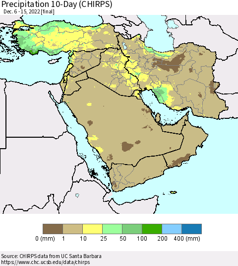 Middle East and Turkey Precipitation 10-Day (CHIRPS) Thematic Map For 12/6/2022 - 12/15/2022