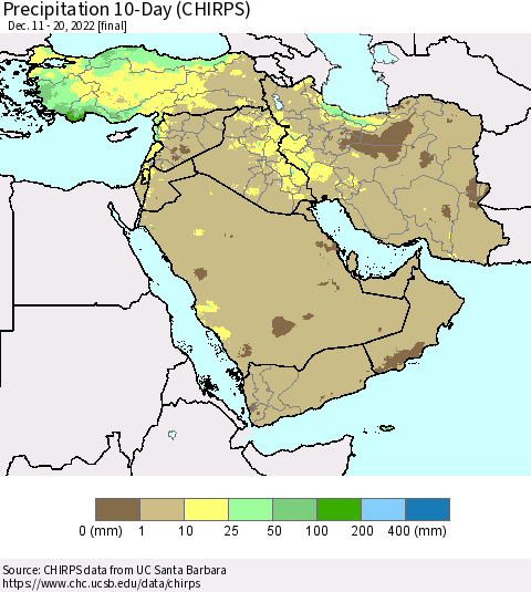 Middle East and Turkey Precipitation 10-Day (CHIRPS) Thematic Map For 12/11/2022 - 12/20/2022