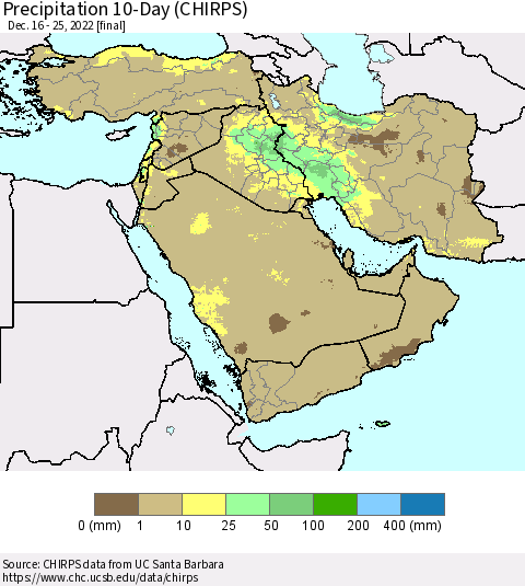 Middle East and Turkey Precipitation 10-Day (CHIRPS) Thematic Map For 12/16/2022 - 12/25/2022